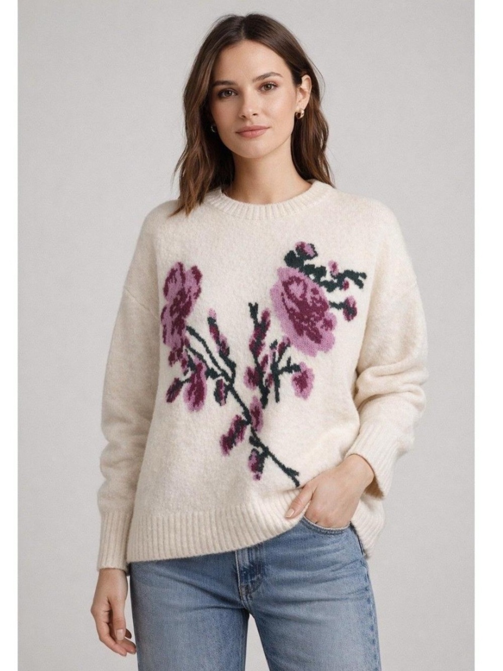 Ted Baker London Cream Crewneck Sweater with Pink Floral Motif XL